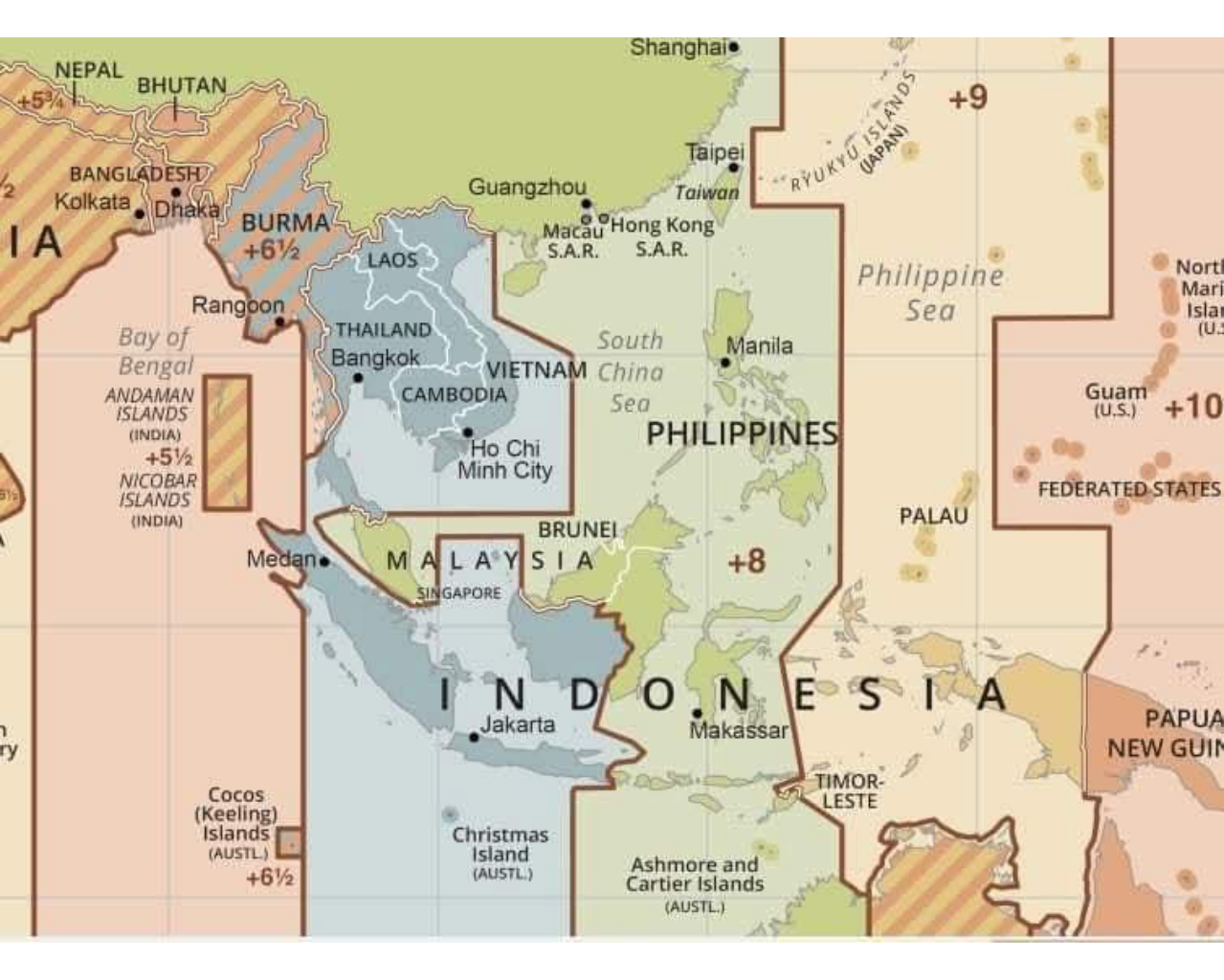 A map of Southeast Asia showing Malaysia fully within the UTC+8 time zone block.